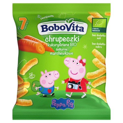 Zielone opakowanie BoboVita chrupeczki kukurydziane BIO marchewkowe, dla dzieci po 7 miesiącu. Bez dodatku soli i cukru. Z Peppą Pig.