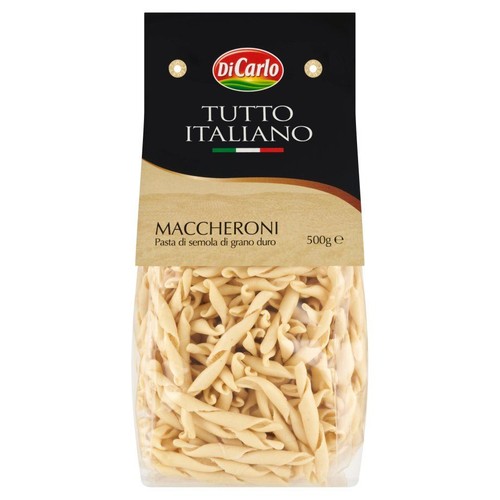 Opakowanie makaronu Di Carlo Maccheroni z semoliny pszenicy durum, 500g. Makaron o skręconym kształcie widoczny przez przezroczyste opakowanie.