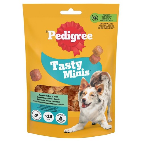 Żółta torebka Pedigree Tasty Minis 130g, przysmaki dla psa. Na opakowaniu pies i kawałki smakołyków. Smak kurczaka i kaczki.