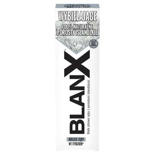 Opakowanie wybielającej pasty do zębów BlanX ze 100% naturalnymi porostami islandzkimi. Obiecuje bielsze zęby w 1 tydzień.