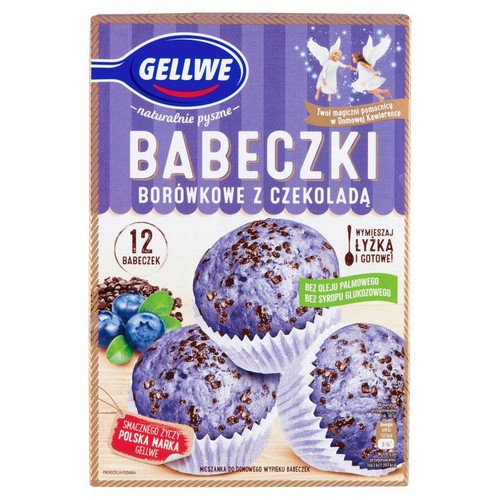 Mieszanka Gellwe na 12 babeczek borówkowych z czekoladą. Produkt bez oleju palmowego i syropu glukozowego.