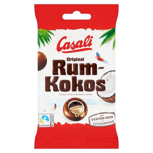 Casali Original Rum-Kokos, cukierki z płynnym nadzieniem. Opakowanie Fairtrade Kakao.