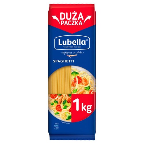 Opakowanie makaronu Lubella Spaghetti, 1 kg. Niebiesko-czerwona paczka z przezroczystym okienkiem i grafiką gotowego dania.