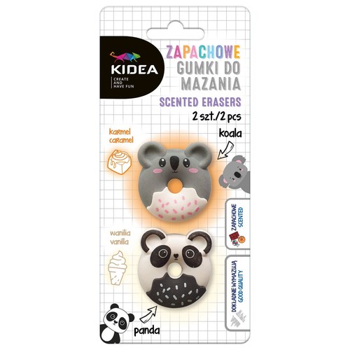Zestaw dwóch zapachowych gumek do mazania Kidea, pakowanych w blister. Gumki w kształcie pączków: szara koala z różowymi posypkami (zapach karmelu) i biało-czarna panda z czarnymi posypkami (zapach wanilii). Produkt dobrej jakości.