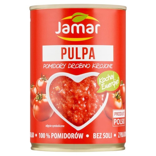 Puszka Jamar Pulpa, drobno krojone pomidory. Na etykiecie serce z pomidorami. Informacje: 100% pomidorów, bez soli. Produkt Polski.
