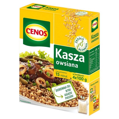 Opakowanie kaszy owsianej Cenos, 4x100g. Na froncie grafika dania z kaszą, mięsem i warzywami. Czas gotowania 15 minut.