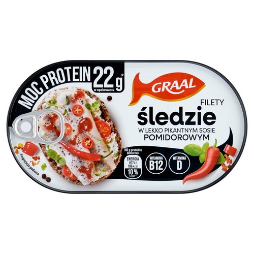 Puszka Graal Filety śledziowe w lekko pikantnym sosie pomidorowym. Zawiera 22g białka. Na wieczku sugestia podania.