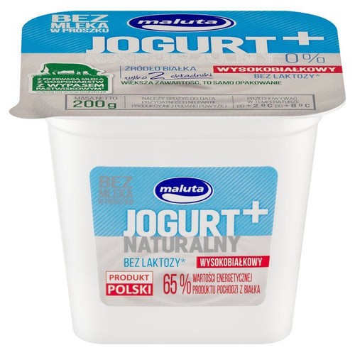 Biały kubek jogurtu Maluta+ Naturalny, 200g. Bez laktozy, wysokobiałkowy. Źródło białka.