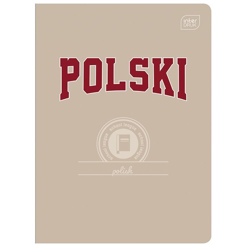 Beżowa okładka zeszytu z dużym, czerwonym napisem "POLSKI" w stylu uniwersyteckim. Poniżej centralnie umieszczony okrągły emblemat z ikoną książki i powtarzającym się napisem "liga szkolna". W prawym górnym rogu logo Inter Druk.