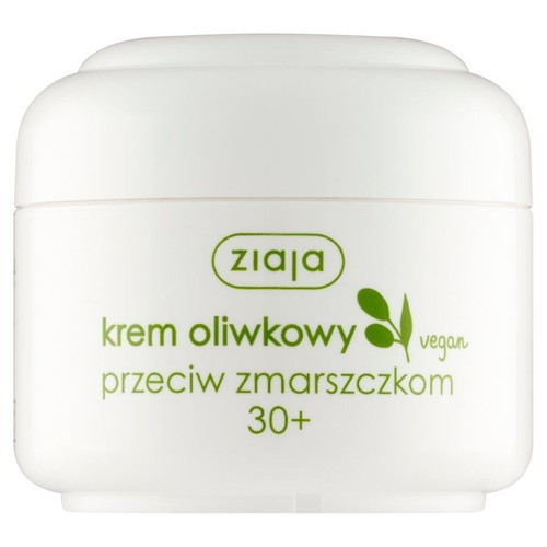 Krem Ziaja oliwkowy przeciw zmarszczkom 30+ w białym opakowaniu. Wegański kosmetyk.
