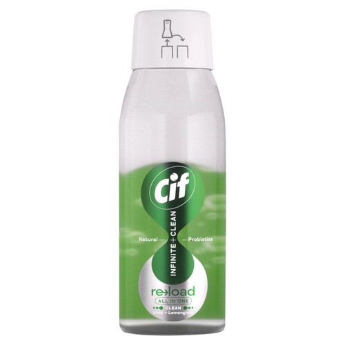 Przezroczysta butelka Cif Reload z zieloną etykietą. Produkt do czyszczenia z probiotykami, o zapachu limonki i trawy cytrynowej.