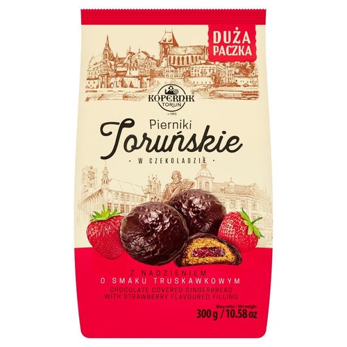 Kopernik Pierniki Toruńskie w czekoladzie z nadzieniem truskawkowym, 300g. Duża paczka.