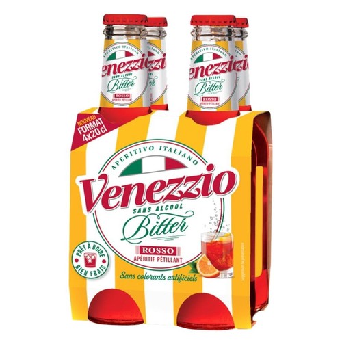 Czteropak bezalkoholowego aperitifu Venezzio Bitter Rosso, 4 butelki po 200 ml. Włoski musujący napój gotowy do picia.