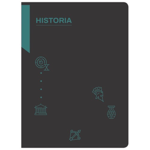 Ciemnoszara okładka zeszytu z turkusowym paskiem po lewej stronie. Na środku widnieje napis "HISTORIA" w turkusowym kolorze. Poniżej znajdują się turkusowe ikony symbolizujące historię: klepsydra, klasyczny budynek, hełm rzymski, waza i łuk ze strzałą.