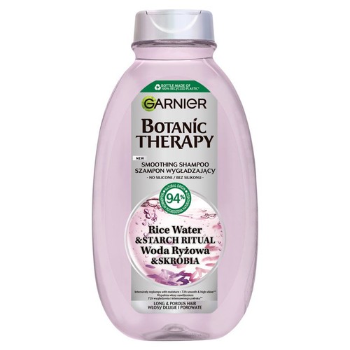 Szampon Garnier Botanic Therapy Wygładzający z Wodą Ryżową i Skrobią. Do włosów długich i porowatych. Bez silikonu. Butelka z recyklingu.