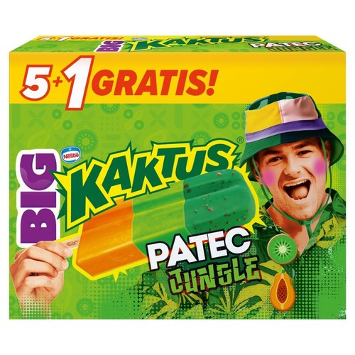 Zielono-żółte opakowanie lodów Nestle Kaktus Big Patec Jungle z promocją 5+1 gratis. Na froncie grafika przedstawiająca loda na patyku w barwach pomarańczowej i zielonej, trzymanego przez dłoń, oraz uśmiechniętego mężczyznę w kapeluszu.
