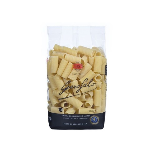 Przezroczyste opakowanie makaronu Garofalo Rigatoni o wadze 500g. Na etykiecie widnieje napis "Makaron z Gragnano od 1789 roku Historyczna Fabryka Makaronu Garofalo" oraz "Makaron z Gragnano ChOG".