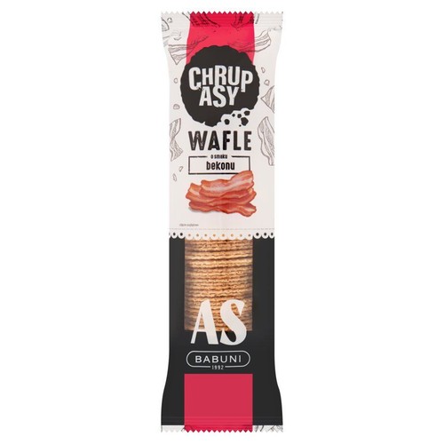 Opakowanie wafli Chrupasy o smaku bekonu, marki AS Babuni. Na białej etykiecie grafika smażonego bekonu oraz nazwa produktu. Poniżej widoczne są ułożone w stos okrągłe, chrupiące wafle. Na dole logo AS Babuni.