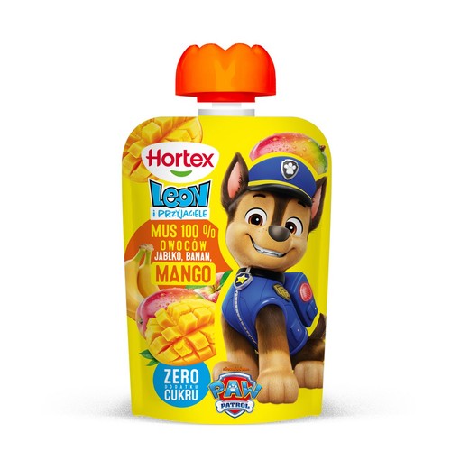Żółta saszetka musu owocowego Hortex z jabłkiem, bananem i mango. Z wizerunkiem Chase'a z Psiego Patrolu. Bez dodatku cukru.