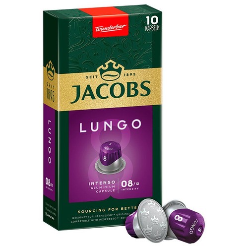 Opakowanie 10 kapsułek kawy Jacobs Lungo Intenso. Fioletowo-zielone pudełko z logo Jacobs.