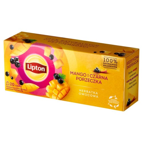Herbata Lipton Mango i Czarna Porzeczka, 20 torebek. Aromatyzowana herbata owocowa ze 100% naturalnych składników.