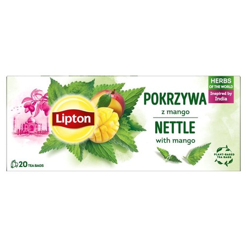 Herbata Lipton Pokrzywa z mango, 20 torebek. Opakowanie z grafiką liści pokrzywy, mango i Taj Mahal.
