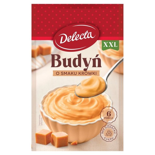 Delecta Budyń o smaku krówki XXL, bez dodatku cukru. Opakowanie z miseczką karmelowego budyniu i cukierkami krówkami.