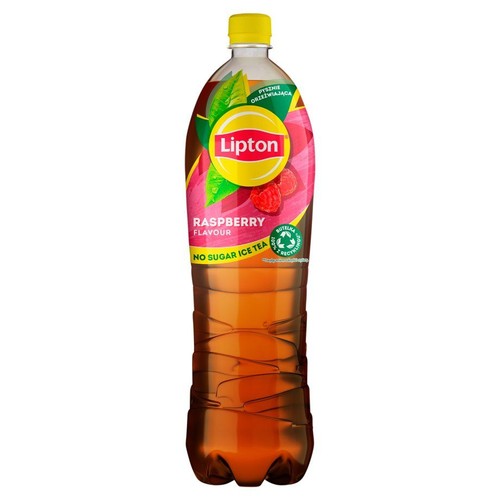 Butelka Lipton Ice Tea o smaku malinowym, bez cukru, z etykietą w odcieniach różu i zieleni. Widoczne logo Lipton, tekst "Pysznie orzeźwiająca" i informacja, że butelka jest w 100% z recyklingu.