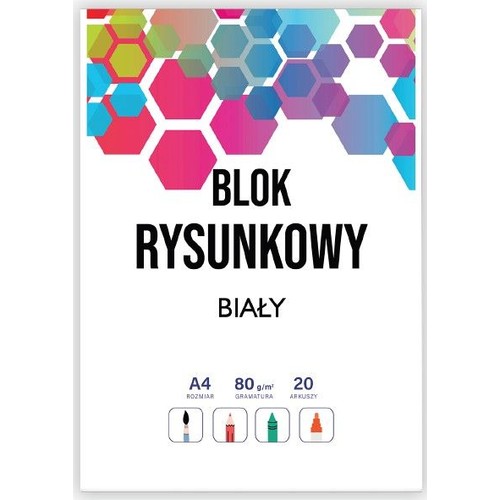 Blok rysunkowy biały, format A4, gramatura 80 g/m², 20 kartek. Górna część okładki z geometrycznym wzorem.