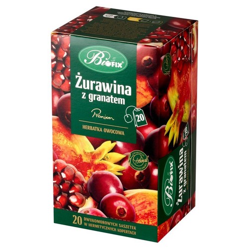 Herbatka owocowa BioFIX Żurawina z granatem. Pudełko zawiera 20 dwukomorowych saszetek.