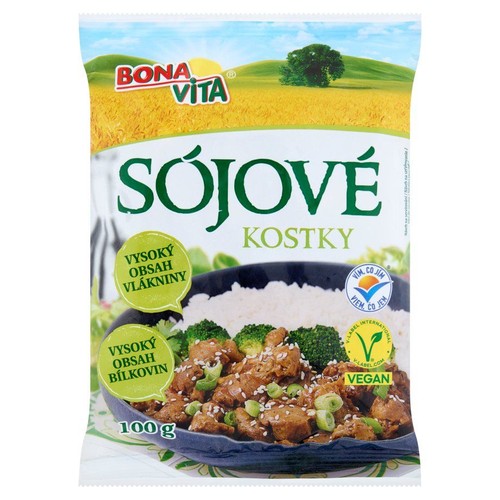 Opakowanie Bona Vita Sojowe Kostki 100g. Produkt wegański, bogaty w błonnik i białko. Na opakowaniu grafika dania z ryżem i brokułami.