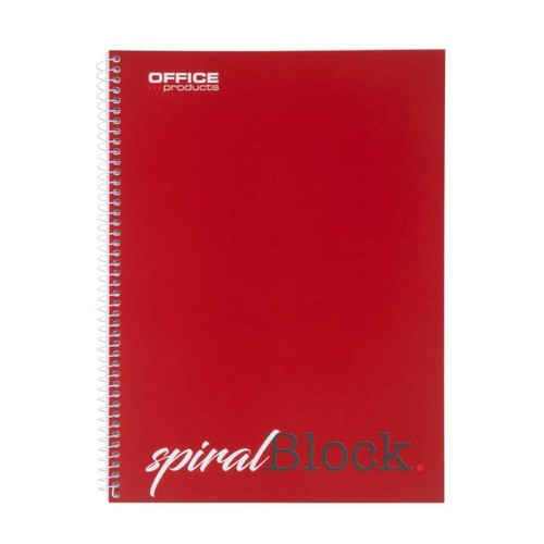 Czerwony kołozeszyt z twardą okładką i srebrną spiralą. Na górze okładki znajduje się logo "OFFICE products", a na dole duży, stylizowany napis "spiral Block.". Produkt jest przeznaczony do użytku biurowego.