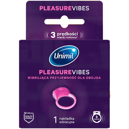 Opakowanie Unimil Pleasurevibes, wibrująca nakładka z 3 prędkościami. Fioletowe pudełko z różową grafiką produktu.