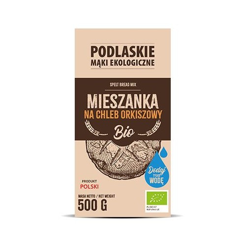 Beżowo-brązowe opakowanie mieszanki na chleb orkiszowy Bio, 500 g. Marka Podlaskie Mąki Ekologiczne. Na opakowaniu rysunek bochenka chleba i ikona kropli wody z napisem 'Dodaj tylko wodę'. Produkt Polski, ekologiczny.