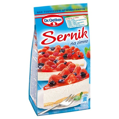 Mieszanka do przygotowania sernika na zimno Dr. Oetker. Na opakowaniu widoczny kawałek sernika z truskawkami i borówkami w czerwonej galaretce. Produkt nie zawiera tłuszczów utwardzonych.