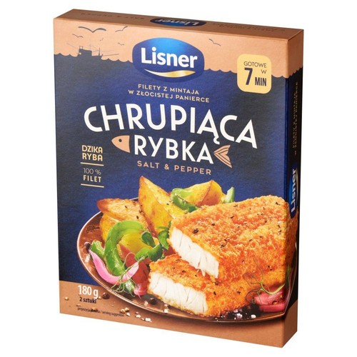 Opakowanie Lisner Chrupiąca Rybka, filety z mintaja w złocistej panierce o smaku soli i pieprzu. Produkt z dzikiej ryby, 100% filet. Waga 180g, zawiera 2 sztuki. Na froncie grafika sugerująca podanie z dodatkami.