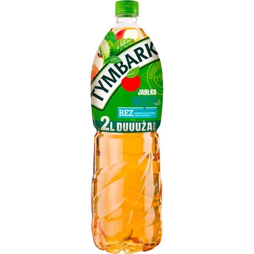 Tymbark Jabłko Mięta w 2-litrowej butelce. Zielona etykieta z grafiką jabłka i liści mięty. Produkt bez dodatku cukru.