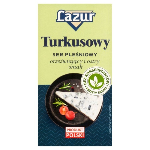 Opakowanie sera pleśniowego Lazur Turkusowy. Orzeźwiający i ostry smak. Bez konserwantów, prosty skład. Produkt Polski.