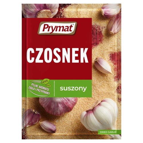 Opakowanie Prymat Czosnek suszony. Czerwono-zielona torebka z grafiką ząbków czosnku i granulatu. Napis "Pełne aromatu zioła i przyprawy".