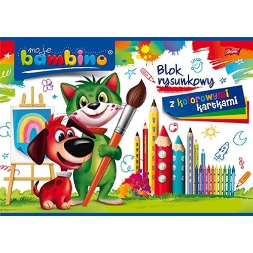 Okładka bloku rysunkowego moje bambino z kolorowymi kartkami. Przedstawia zielonego kota trzymającego pędzel i czerwonego psa. W tle sztaluga z obrazkiem tęczy, liczne kolorowe kredki i artystyczne bazgroły. Zachęca do kreatywności.