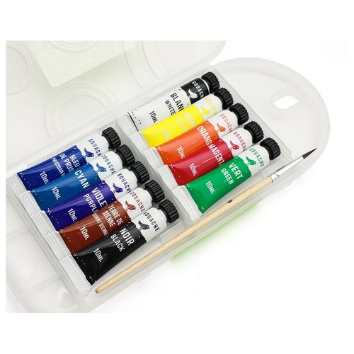 Zestaw 12 tubek farb gwaszowych po 10ml każda, w przezroczystym plastikowym etui. W zestawie pędzelek. Kolory: biały, żółty, pomarańczowy, czerwony, zielony, błękit pruski, cyjan, fioletowy, siena palona, czarny.