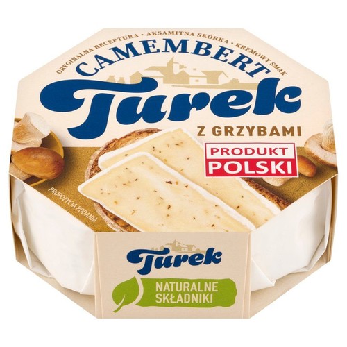 Ser Camembert Turek z grzybami, produkt polski. Na opakowaniu napis "Naturalne Składniki".