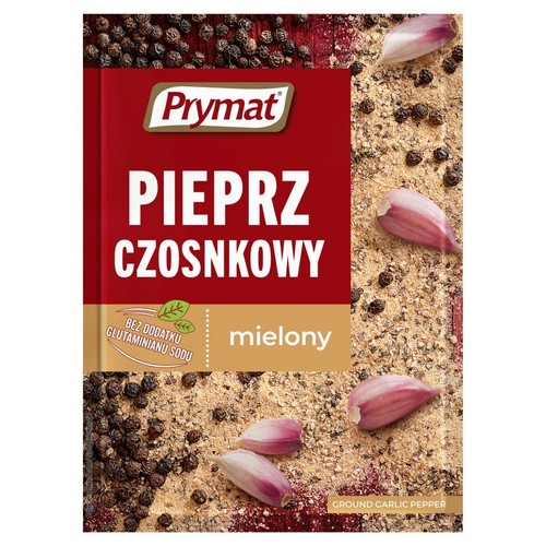 Przyprawa Prymat Pieprz Czosnkowy mielony w czerwonym opakowaniu. Widoczne ziarna pieprzu, mielona przyprawa i ząbki czosnku.