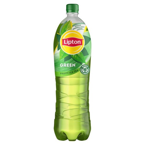 Butelka Lipton Green Fruity Ice Tea 1.5L z zieloną nakrętką. Etykieta z logo Lipton, napisem "Green" i "Fruity Ice Tea".