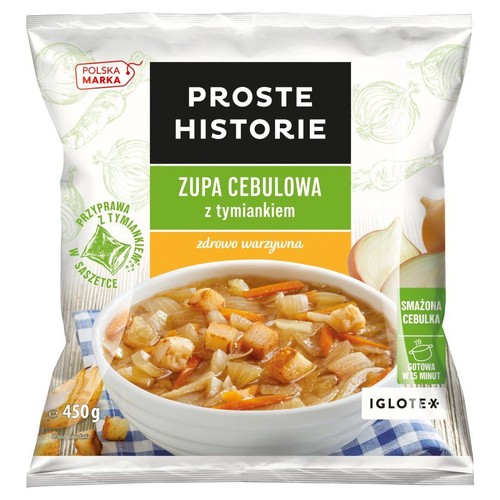 Zupa cebulowa Proste Historie z tymiankiem w opakowaniu 450g. Na zdjęciu miska zupy z cebulą i grzankami. Polska marka.