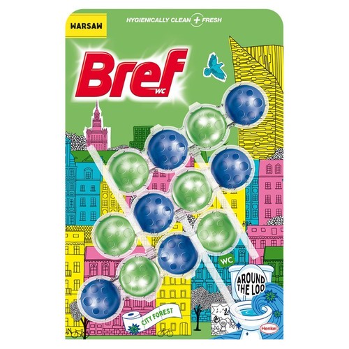 Bref WC Warsaw, produkt do toalet z 12 kulkami. Na opakowaniu grafika miasta i napis "Higienicznie czyste + świeże".