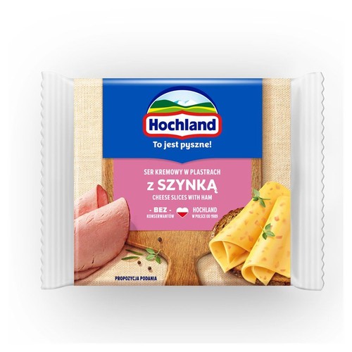 Opakowanie sera kremowego Hochland w plastrach z szynką. Produkt bez konserwantów. Na etykiecie grafika z propozycją podania.