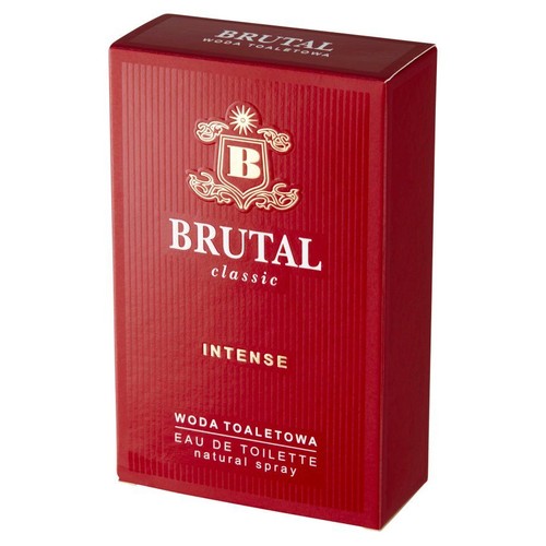 Czerwone pudełko wody toaletowej Brutal Classic Intense. Złoty herb z literą B i białe oznaczenia produktu.