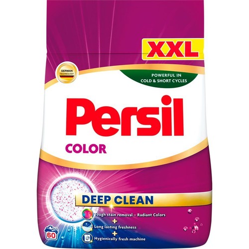 Opakowanie proszku Persil Color Deep Clean, 60 prań. Z niemiecką technologią, skuteczny w zimnych cyklach.