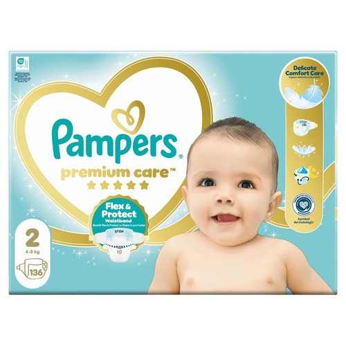 Opakowanie pieluszek Pampers Premium Care, rozmiar 2 (4-8 kg), 136 sztuk. Z uśmiechniętym dzieckiem i złotym sercem.
